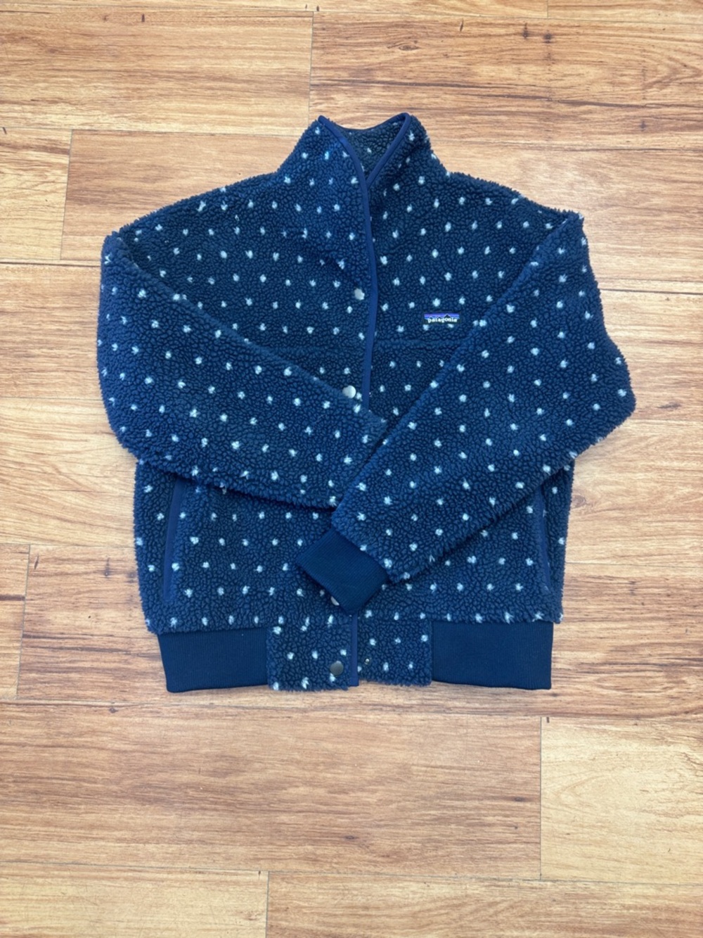 Patagonia Retro X Navy Sherpa Jacket with White Polka Dots